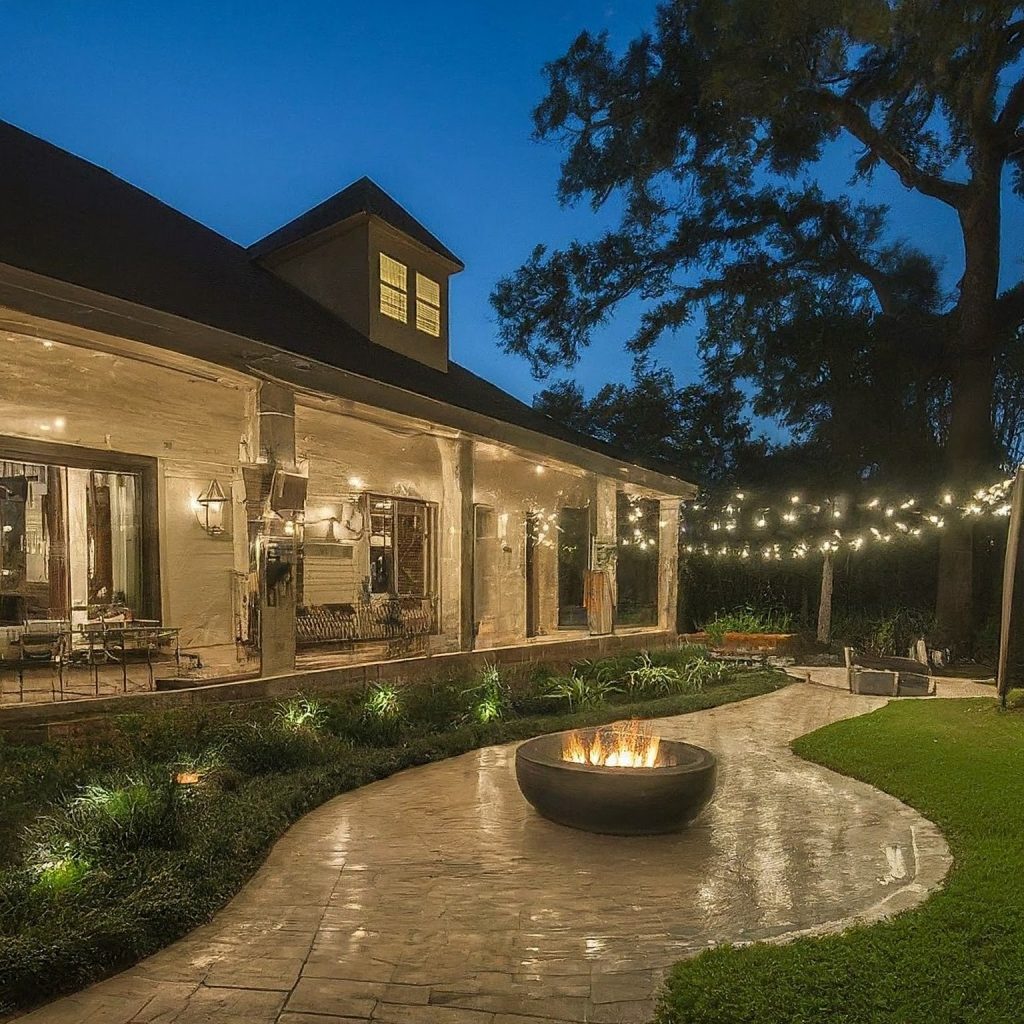Backyard with string lights and a fire pit at dusk
