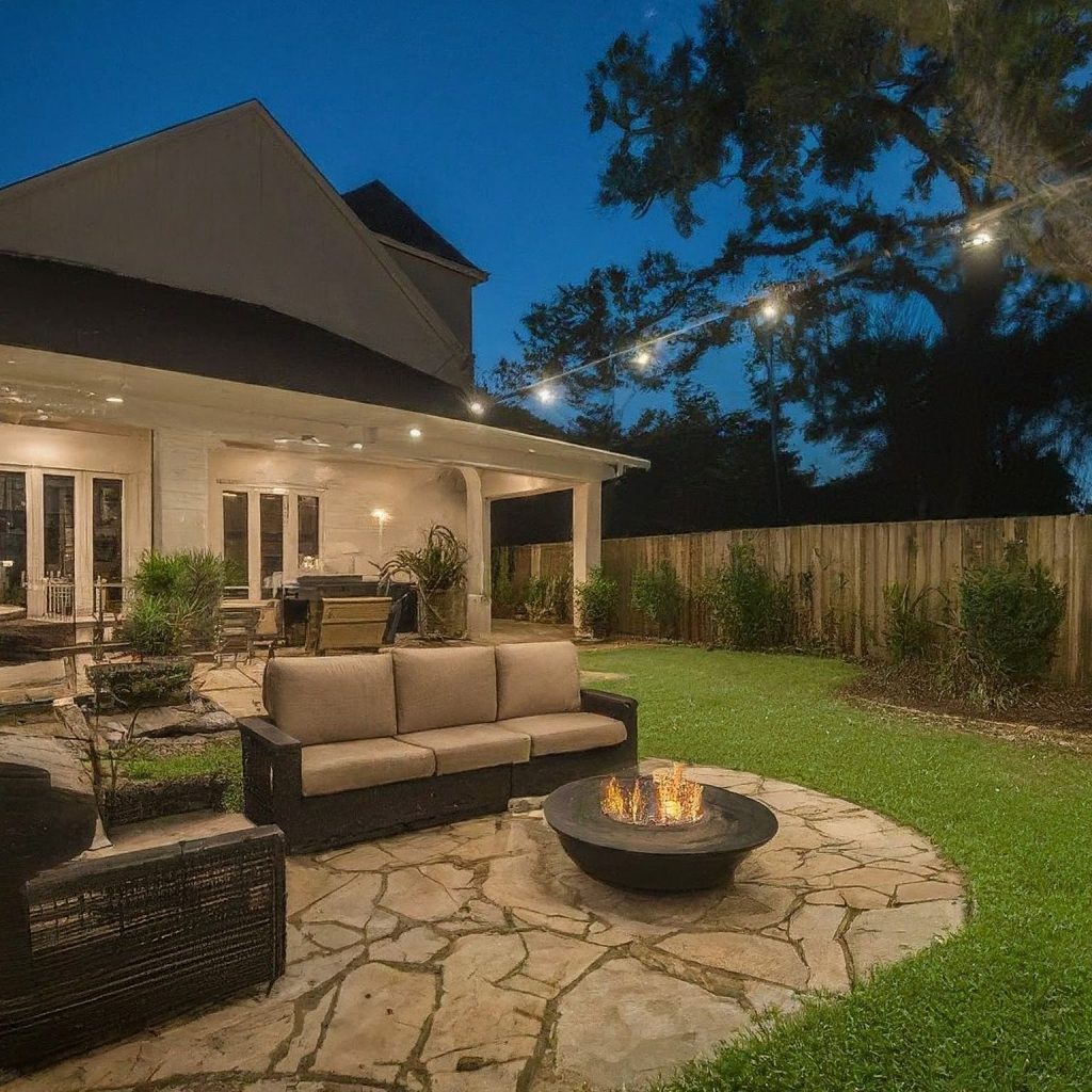 Stone patio with a fire pit and string lights at dusk