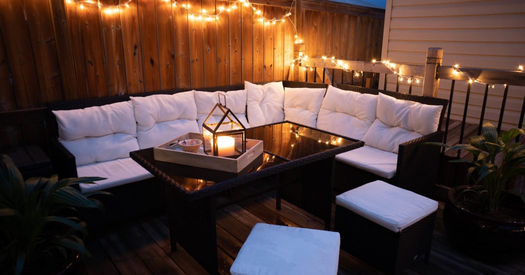 Beautiful design of terrace lounge decorated with lights