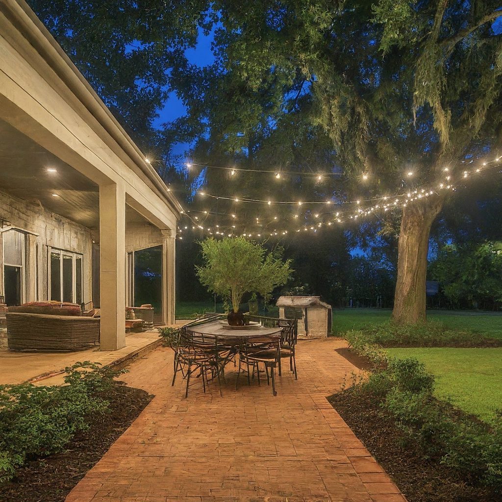 Covered patio and backyard lit by string lights at dusk