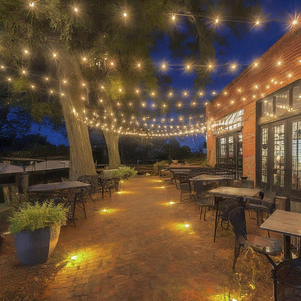 Patio lit by string lights and path lights at night