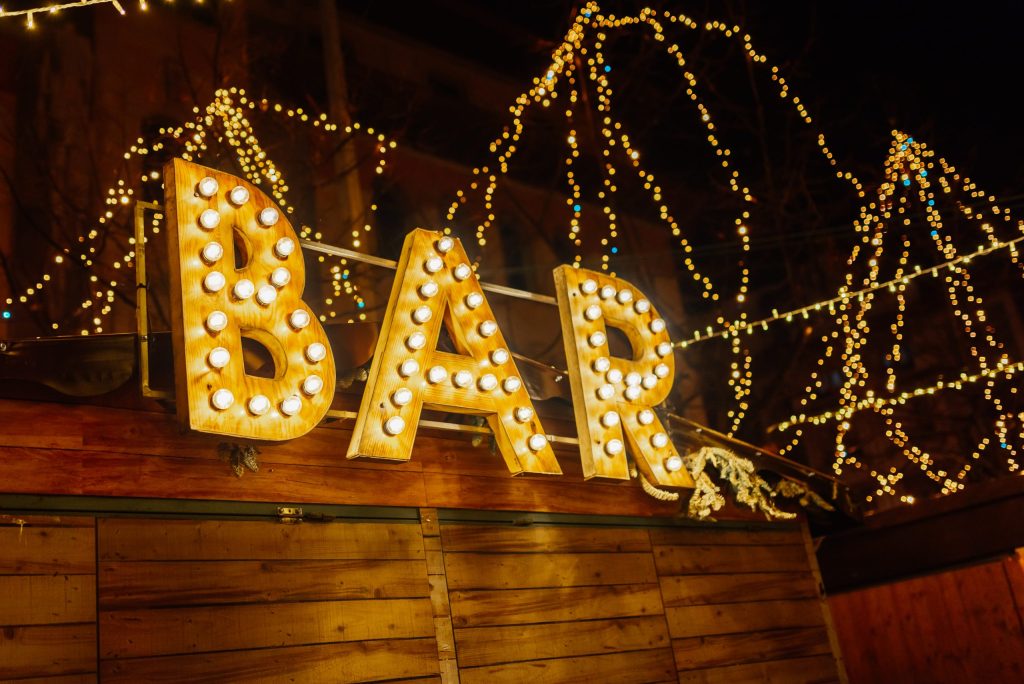 Marquee letters and string lights outside a venue