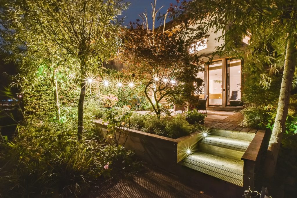 Courtyard garden and steps lit at night