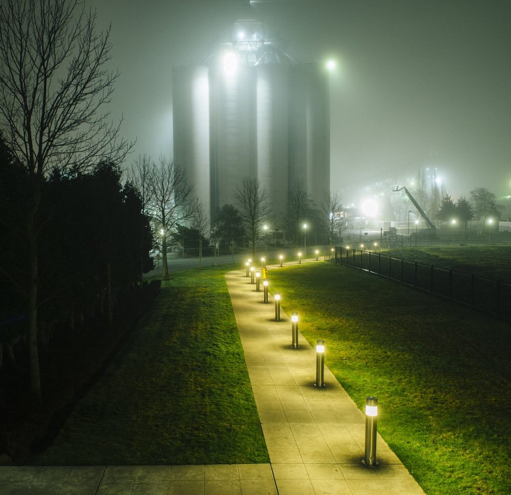 Path lights and floodlights along a walkway on a misty night